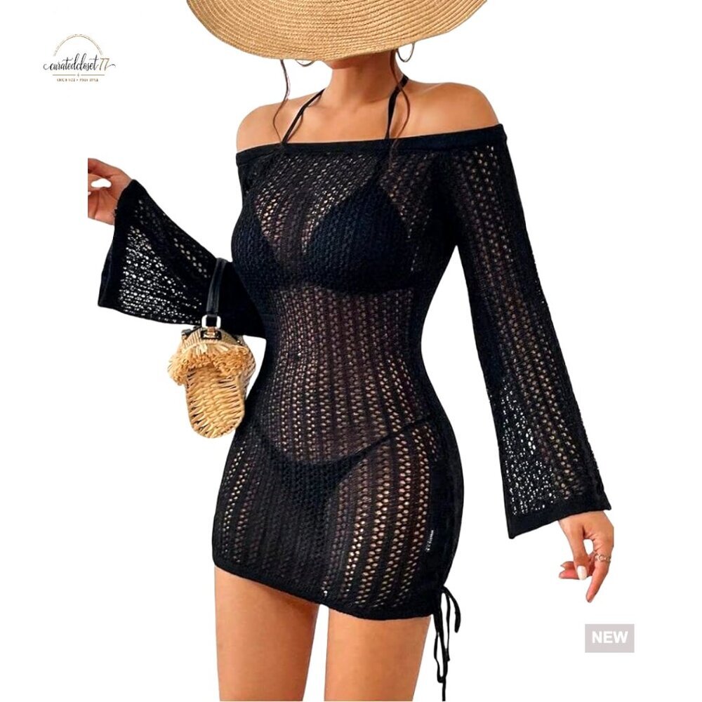 Crochet Knit Mesh Cover Up Dress with Drawstring Hollow Out Design